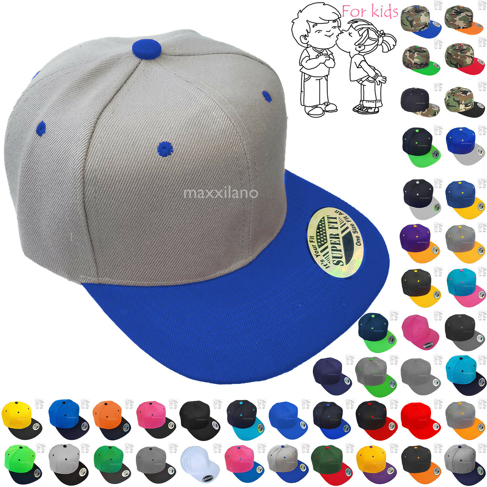Baseball Cap Kids Solid Plain Boys Children Snapback Hat Classic Visor Flat Brim