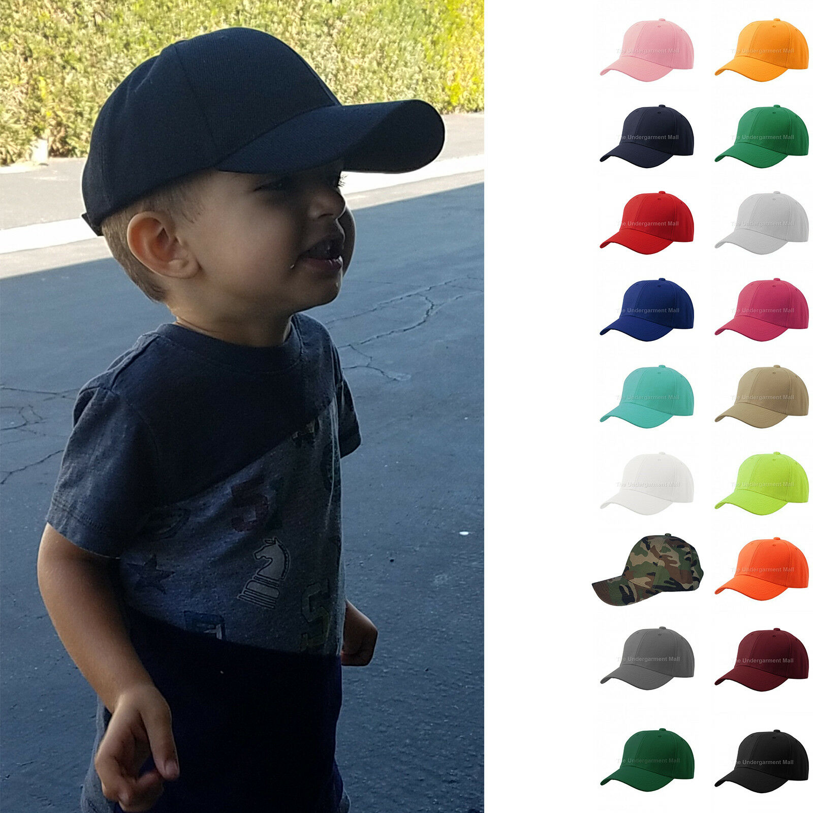 Baseball Cap Plain Kids Boys Strapback Solid Hats Polo Style Hook-n-loop New