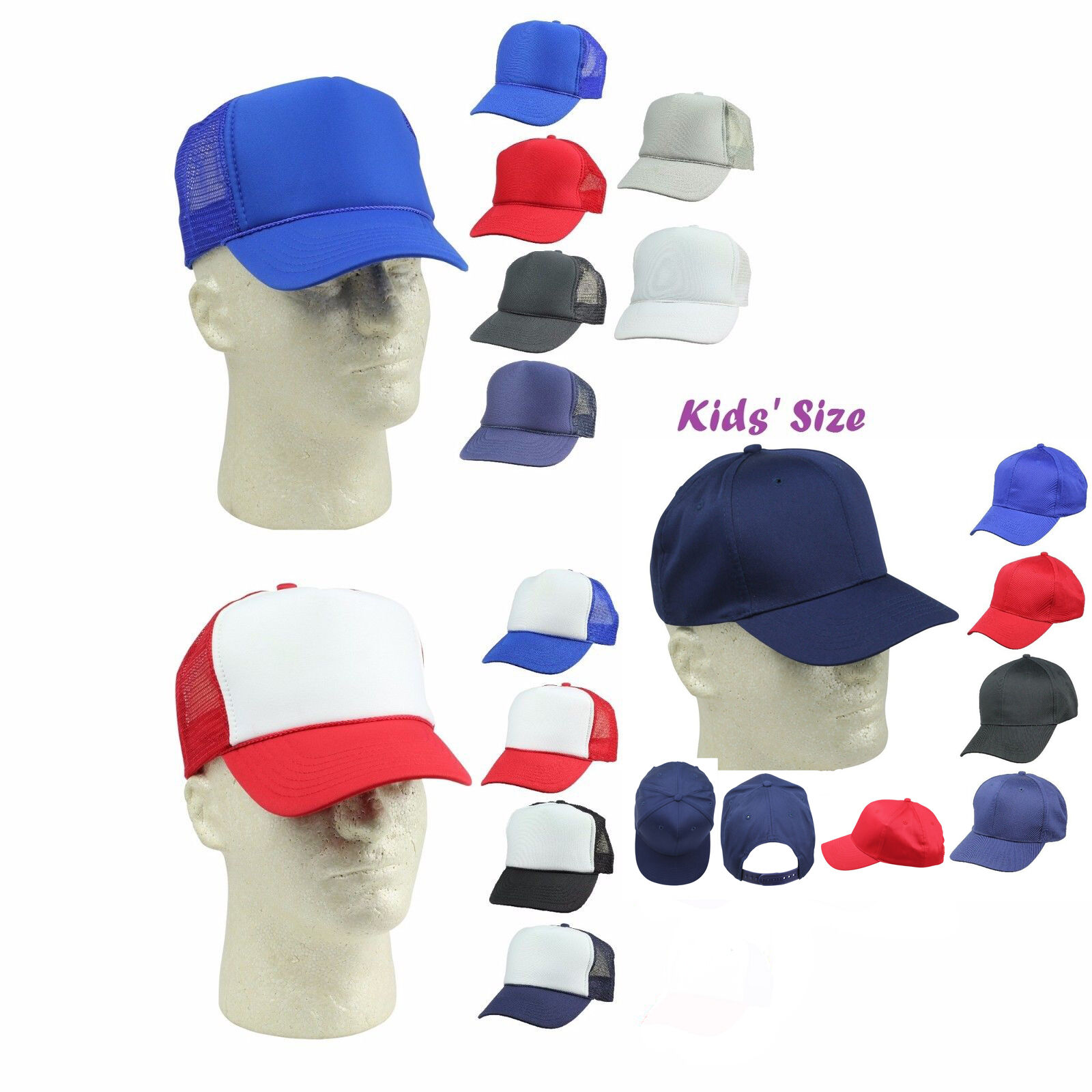 Kid's Trucker Hat Ball Cap Youth Caps Mesh Blank Plain Blue Gray Black White